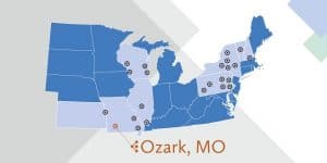 Map of Midwest and Northeast United States with HeathDirect locations marked