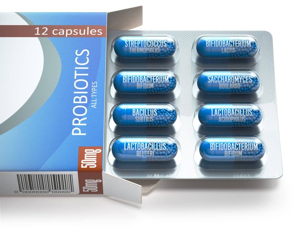Probiotics. Blister box with all types of probiotics capsules. Pills with bifidobacterium, lactobacillus, sacchaomyces and othes bacillus.